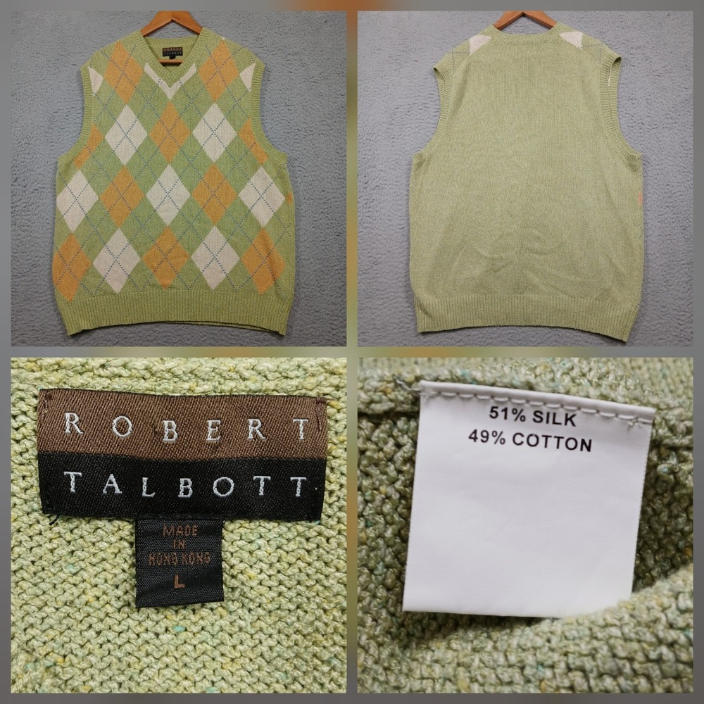 Robert Talbott Argyle Sweater Vest Men L Green Silk Cotton Made in Hong Kong‎